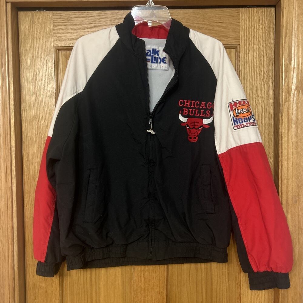 Vtg 92 Chalk Line Chicago Bulls Full Zip Windbreaker Jacket Black Red White L